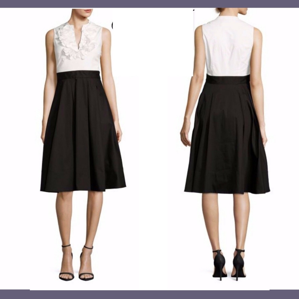 NEW Eliza J V-Neck Ruffled Colorblock Dress Black/White‎ [SZ 8 ]